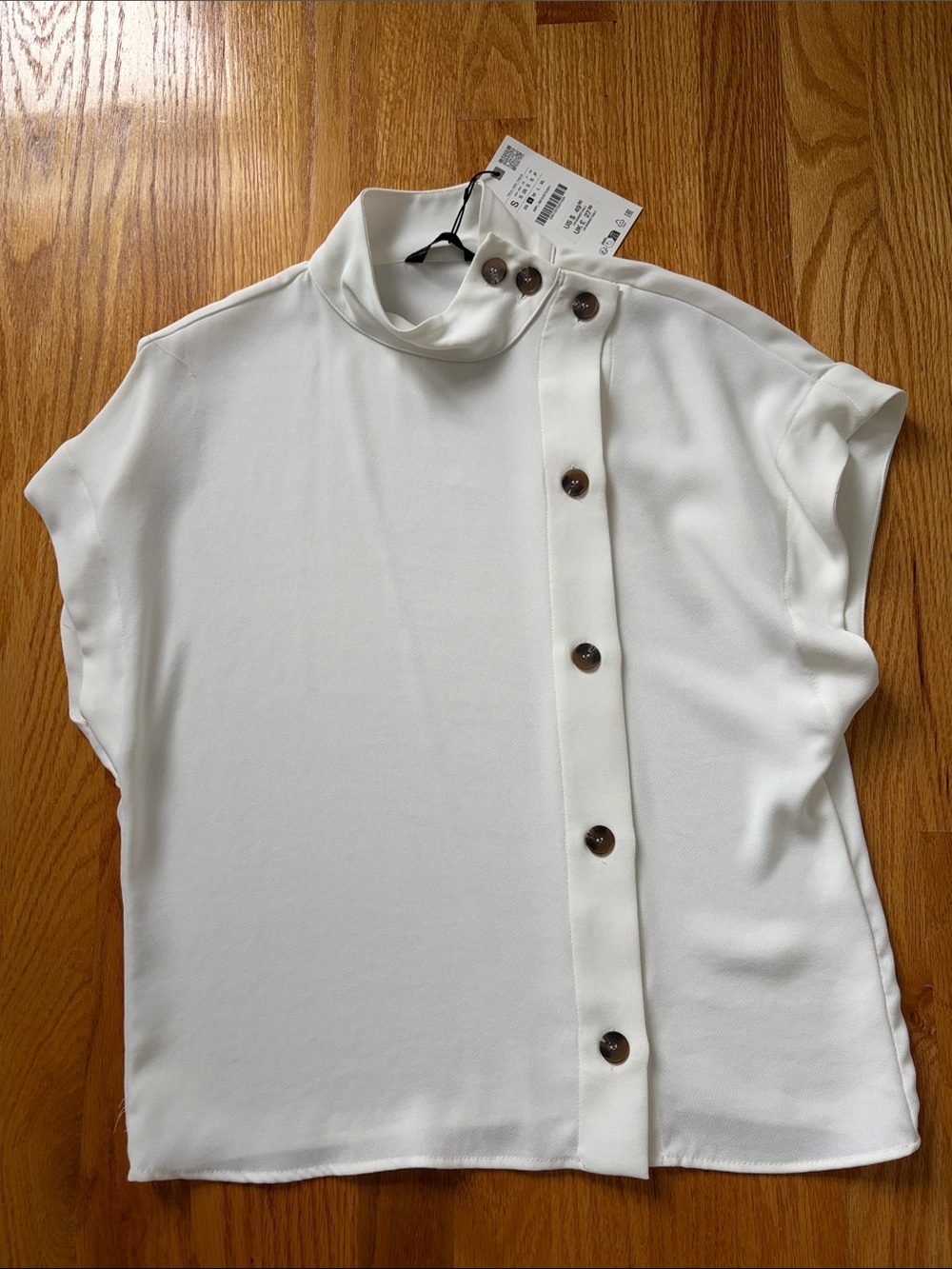 Zara White Mock Neck Button-Trim Blouse
